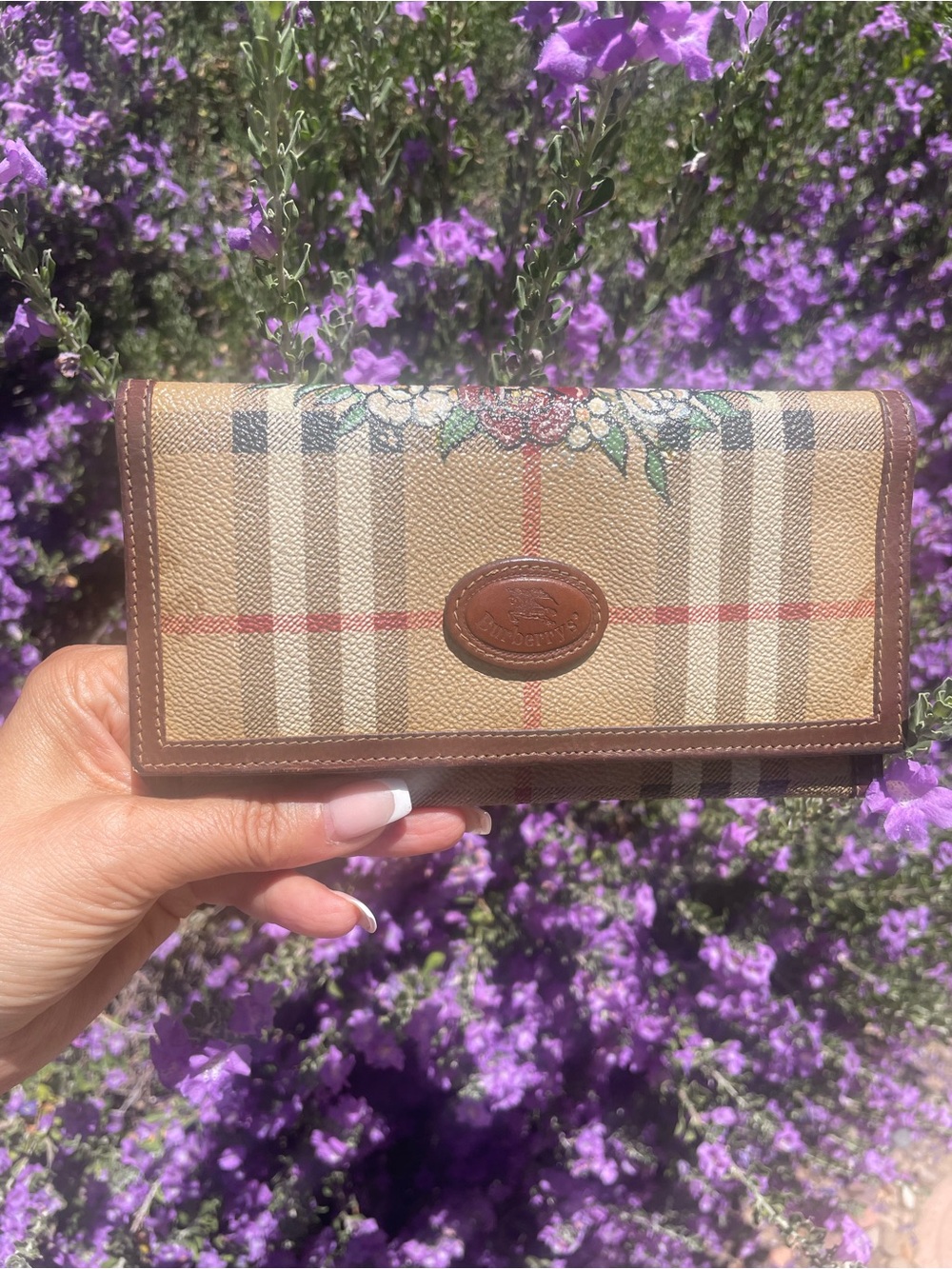 Burberry Beige Brown Check Floral Trim Continental Wallet